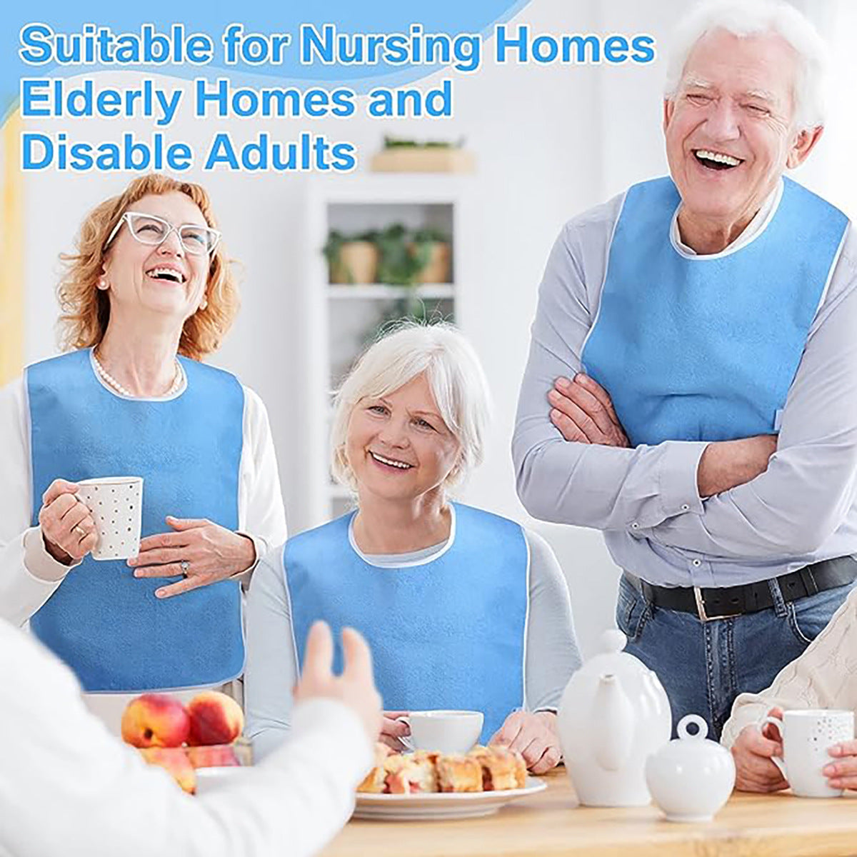 Dark Blue Anti-Stain Feeding Apron with Pocket – Adjustable Care Bib for Elderly & Disabled Adults (2-Pack)