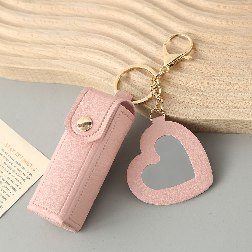 Pink Portable Lipstick Case with Heart Mirror & Keychain – Cute PU Leather Holder (3-Pack)