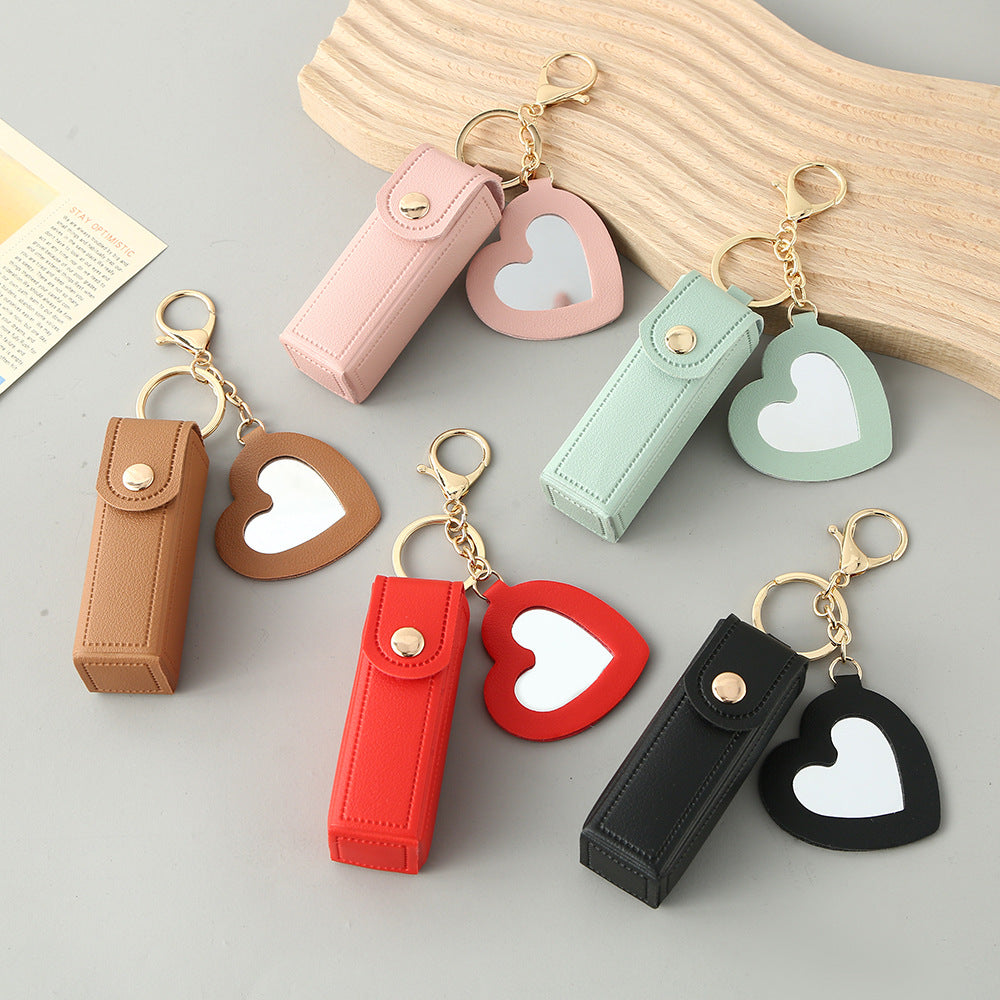 Pink Portable Lipstick Case with Heart Mirror & Keychain – Cute PU Leather Holder (3-Pack)