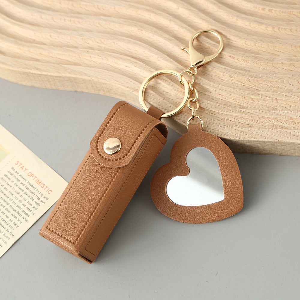 Brown Portable Lipstick Case with Heart Mirror & Keychain – Cute PU Leather Holder (3-Pack)