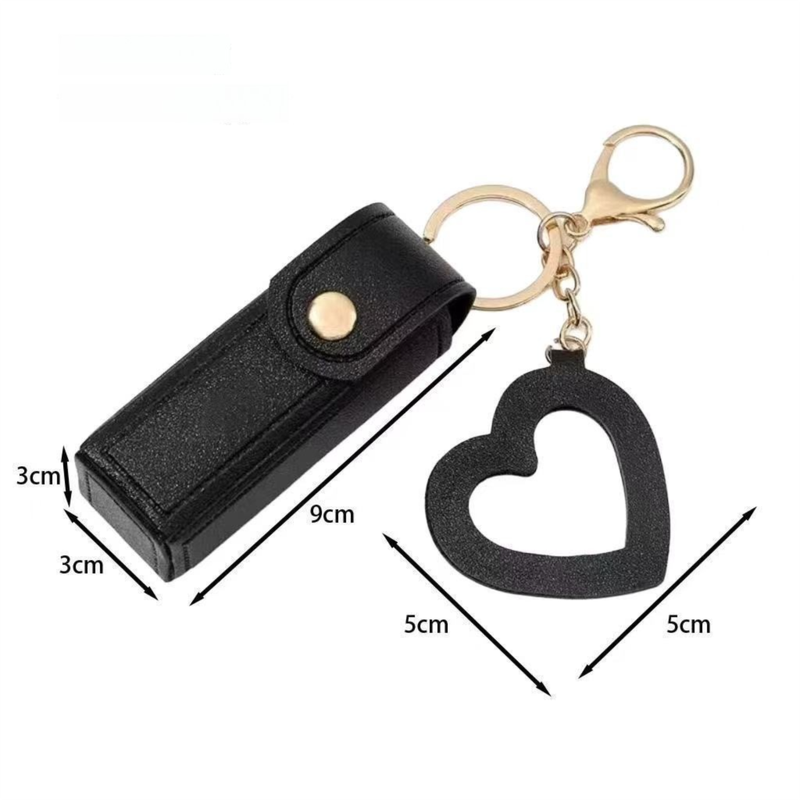 Brown Portable Lipstick Case with Heart Mirror & Keychain – Cute PU Leather Holder (3-Pack)