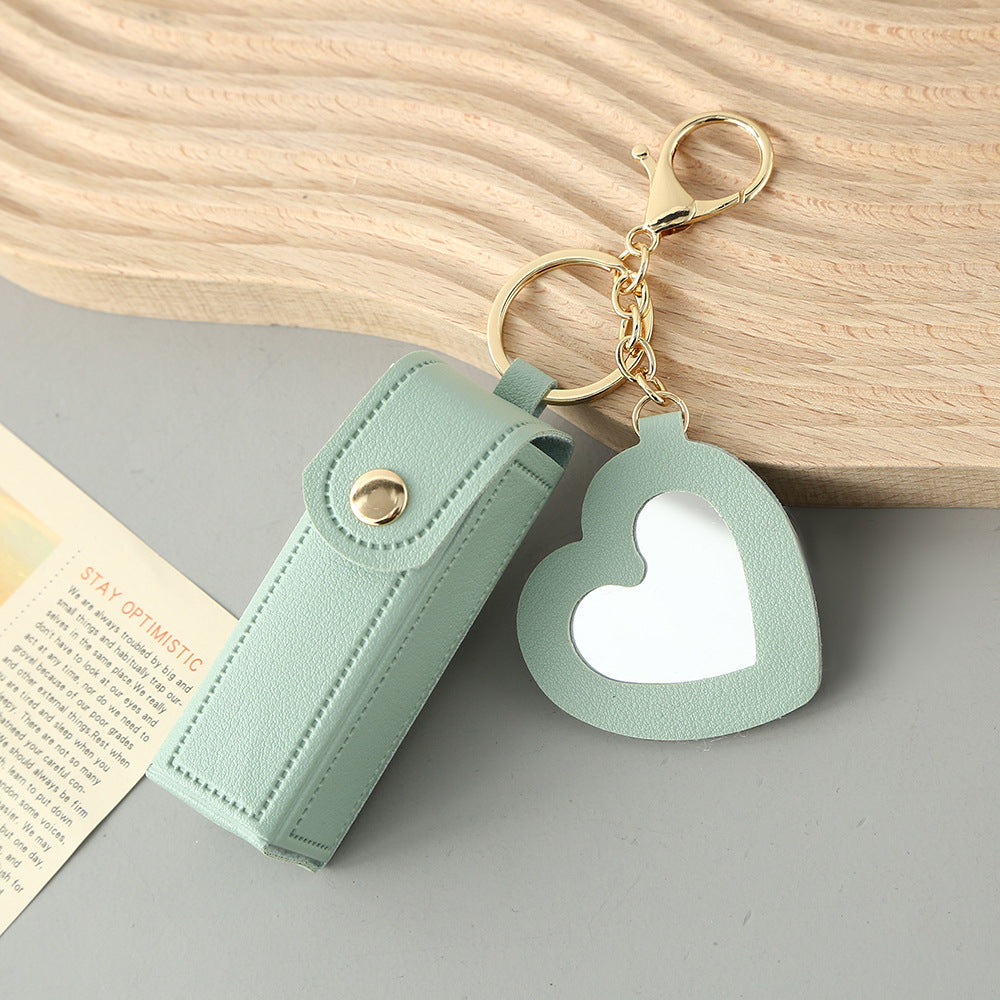 Green Portable Lipstick Case with Heart Mirror &amp; Keychain – Cute PU Leather Holder (3-Pack)