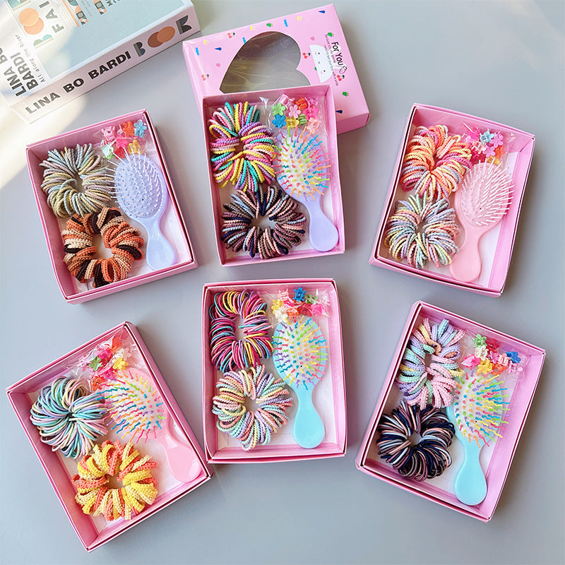 Style 2 Boxed Hair Tie Set with Pink Rubber Bands, Cute Hair Accessories & Mini Comb – Perfect Gift for Girls