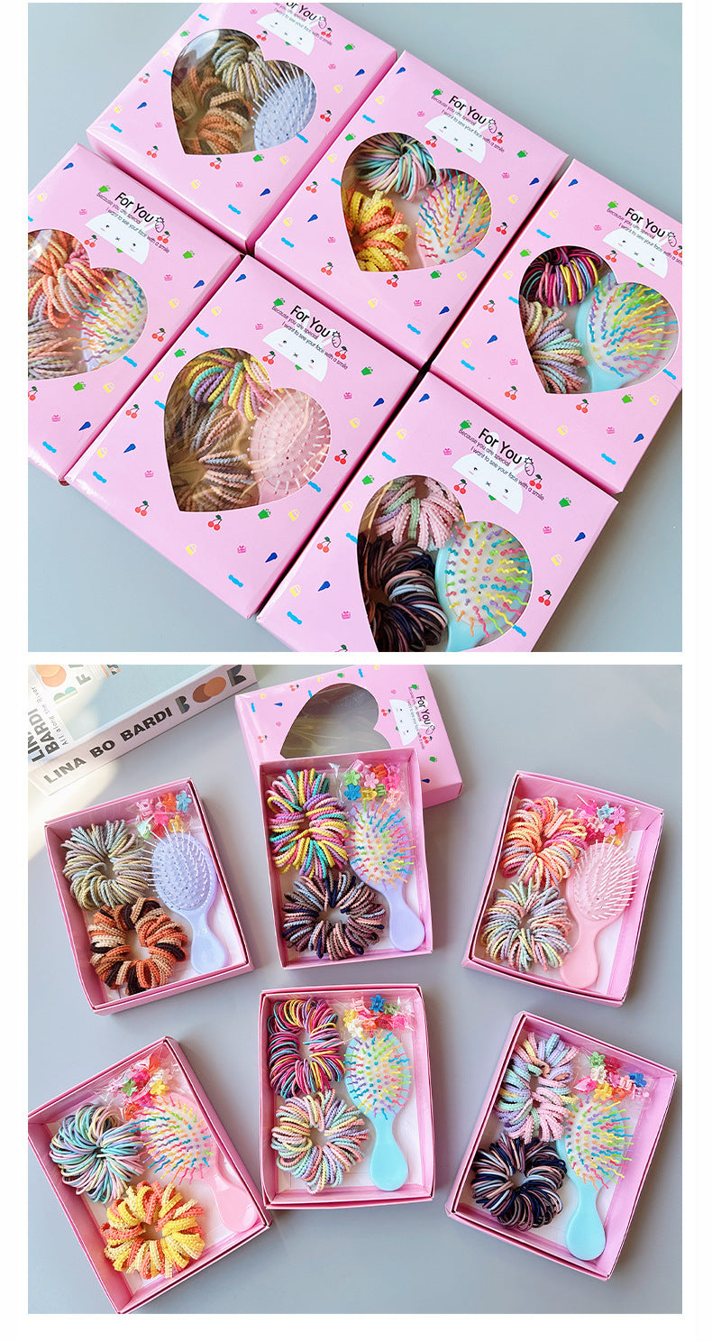 Style 3 Boxed Hair Tie Set with Pink Rubber Bands, Cute Hair Accessories & Mini Comb – Perfect Gift for Girls