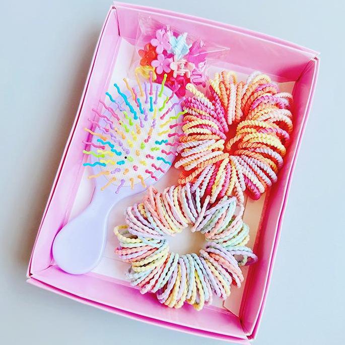 Style 4 Boxed Hair Tie Set with Pink Rubber Bands, Cute Hair Accessories &amp; Mini Comb – Perfect Gift for Girls