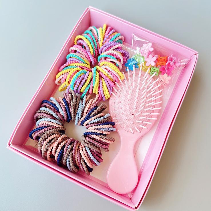 Style 5 Boxed Hair Tie Set with Pink Rubber Bands, Cute Hair Accessories & Mini Comb – Perfect Gift for Girls