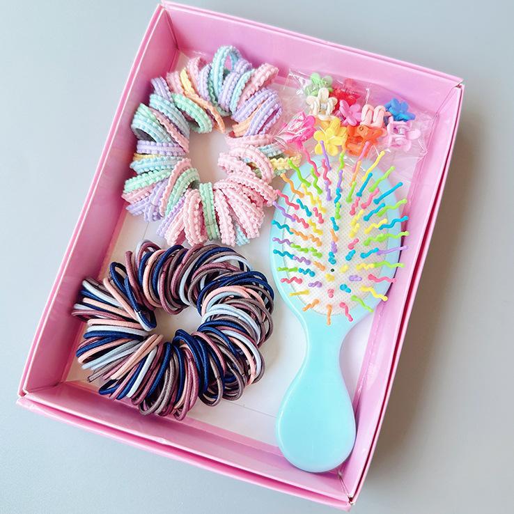 Style 6 Boxed Hair Tie Set with Pink Rubber Bands, Cute Hair Accessories &amp; Mini Comb – Perfect Gift for Girls