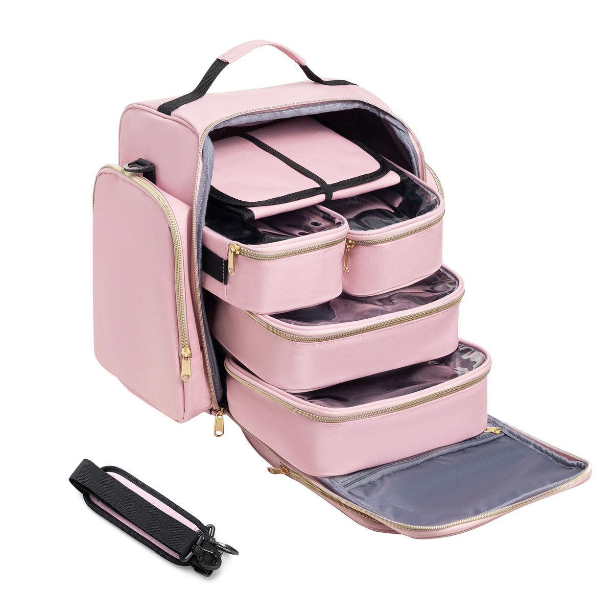 Large Capacity Travel Makeup Backpack with 5 Removable Organizer Cases &amp; Jewelry Roll(pink)