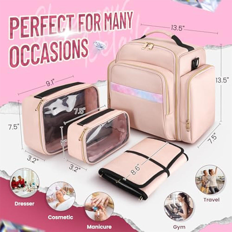 Large Capacity Travel Makeup Backpack with 5 Removable Organizer Cases & Jewelry Roll(pink)