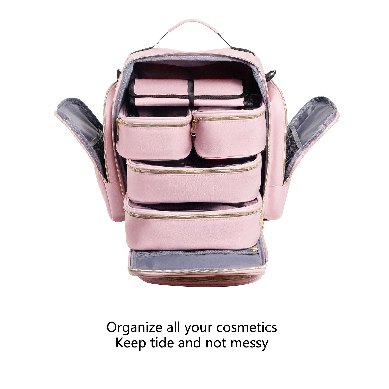 Large Capacity Travel Makeup Backpack with 5 Removable Organizer Cases & Jewelry Roll(pink)
