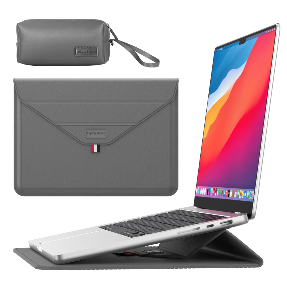 3-in-1 PU Leather Laptop Sleeve with Stand &amp; Mouse Pad + Accessory Pouch(Gray)