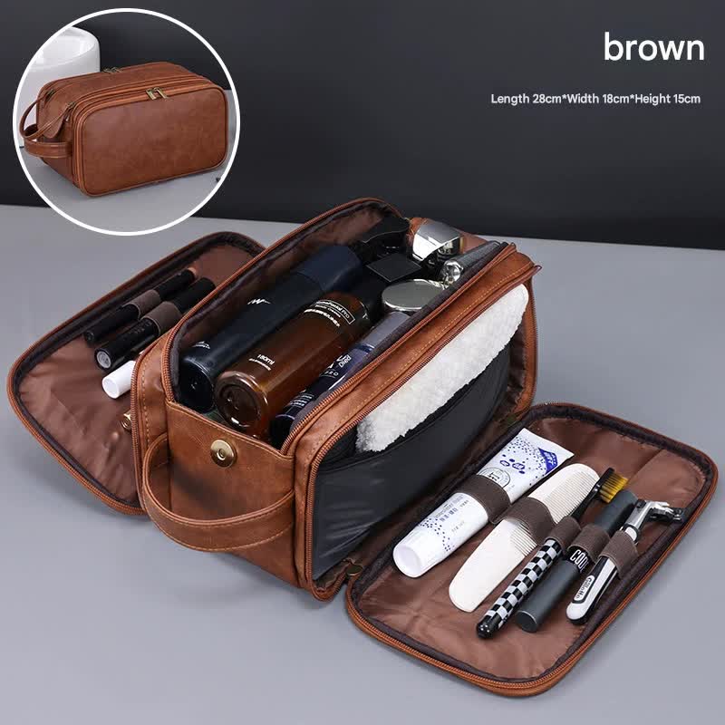 Large Capacity PU Leather Toiletry Bag - Multi-Compartment Dopp Kit &amp; Cosmetic Organizer(Brown)