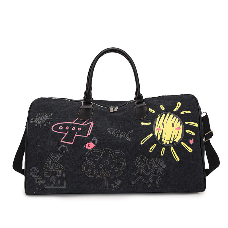 Large Capacity Canvas Travel Duffel Bag with Doodle Print - Weekend &amp; Gym Tote(black)