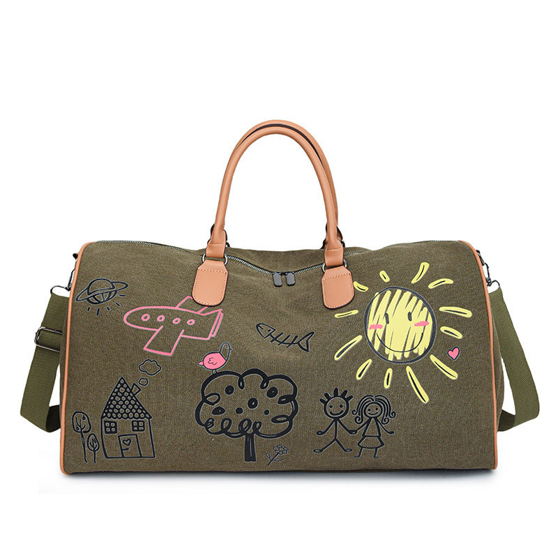 Large Capacity Canvas Travel Duffel Bag with Doodle Print - Weekend &amp; Gym Tote(Green)