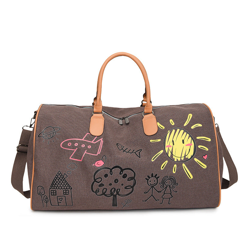 Large Capacity Canvas Travel Duffel Bag with Doodle Print - Weekend &amp; Gym Tote(Coffee)