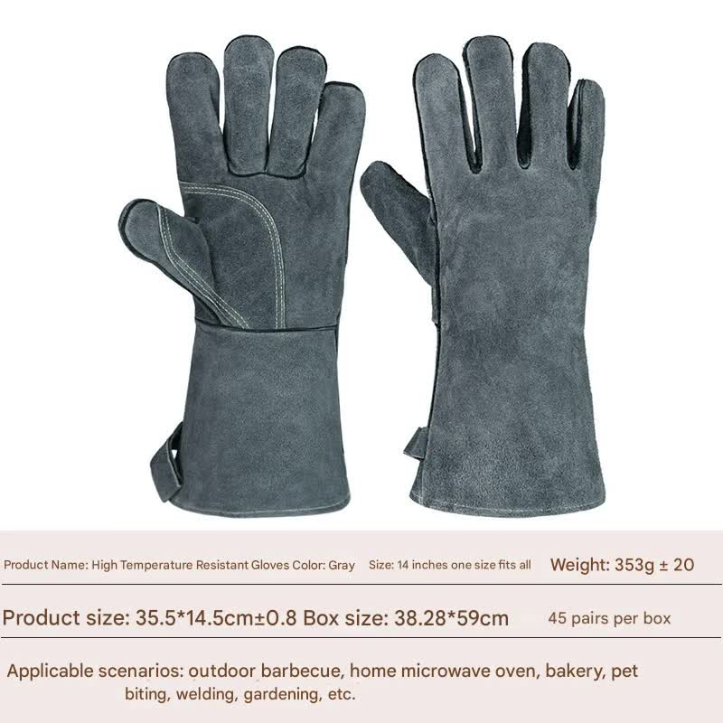 Heavy-Duty Leather Heat Resistant Gloves - 500°C BBQ, Welding &amp; Oven Mitts with Long Cuffs(grey)