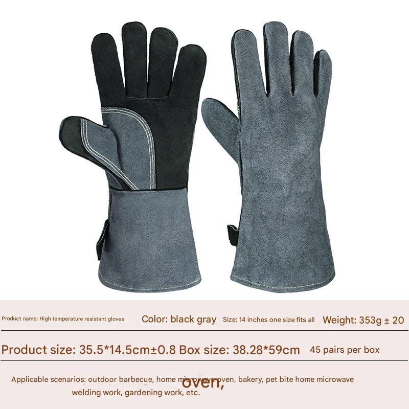 Heavy-Duty Leather Heat Resistant Gloves - 500°C BBQ, Welding &amp; Oven Mitts with Long Cuffs(black and grey)