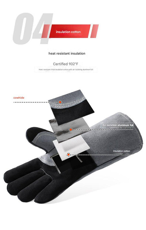 Heavy-Duty Leather Heat Resistant Gloves - 500°C BBQ, Welding & Oven Mitts with Long Cuffs(black and grey)