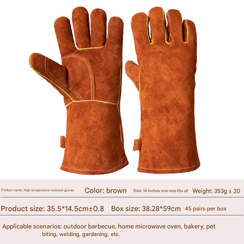 Heavy-Duty Leather Heat Resistant Gloves - 500°C BBQ, Welding &amp; Oven Mitts with Long Cuffs(brown)