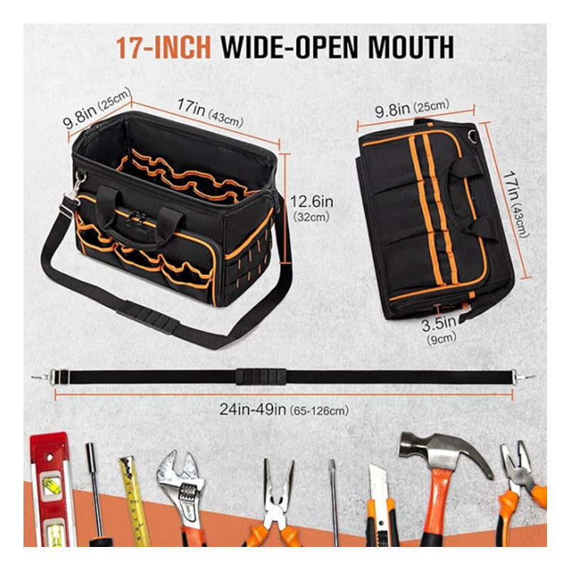 Heavy-Duty 17-Inch Tool Bag with 46 Pockets, Waterproof Base & Shoulder Strap(Black Orange)