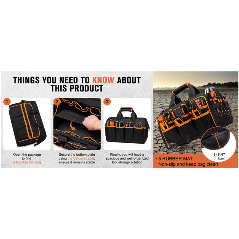 Heavy-Duty 17-Inch Tool Bag with 46 Pockets, Waterproof Base & Shoulder Strap(Black Orange)