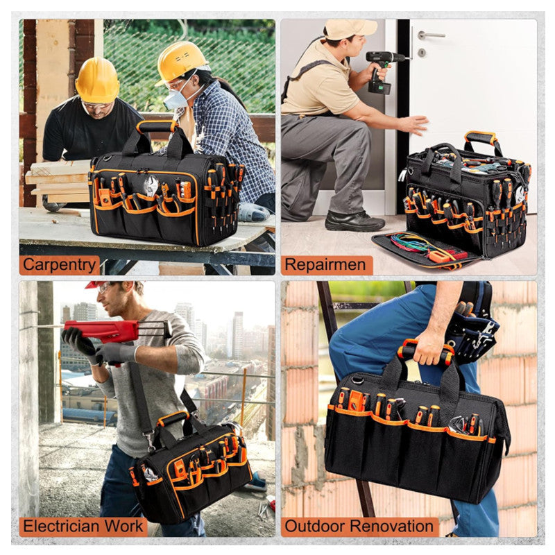 Heavy-Duty 17-Inch Tool Bag with 46 Pockets, Waterproof Base & Shoulder Strap(Black Orange)