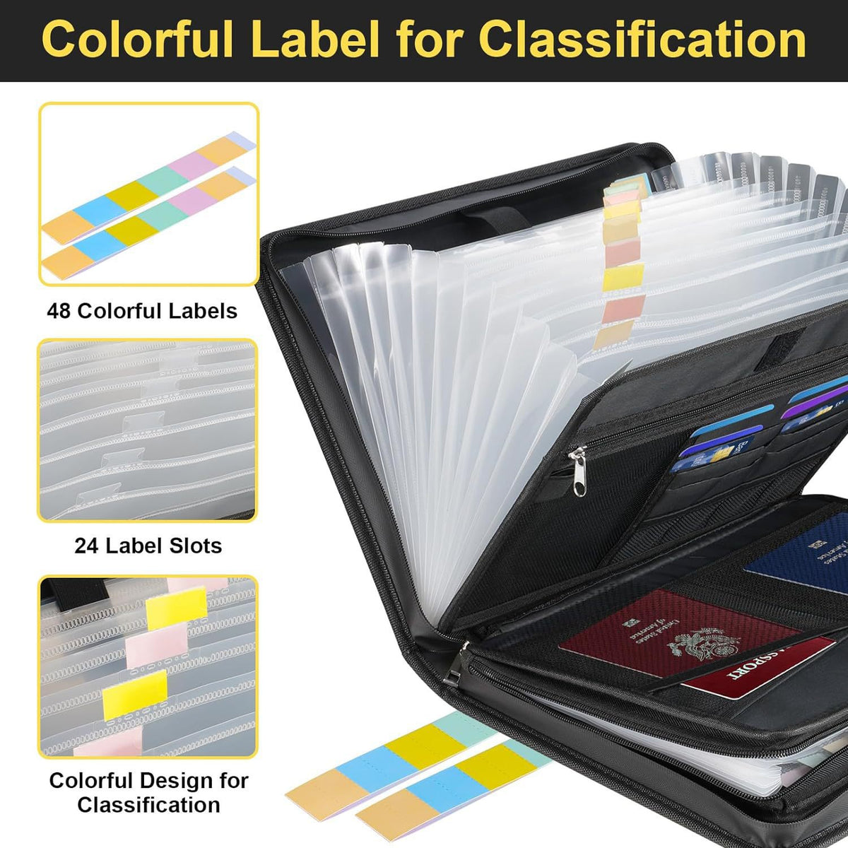 Fireproof & Waterproof Expanding File Folder Organizer with Zipper - Large Capacity Document Safe Bag(Black no-handle model)