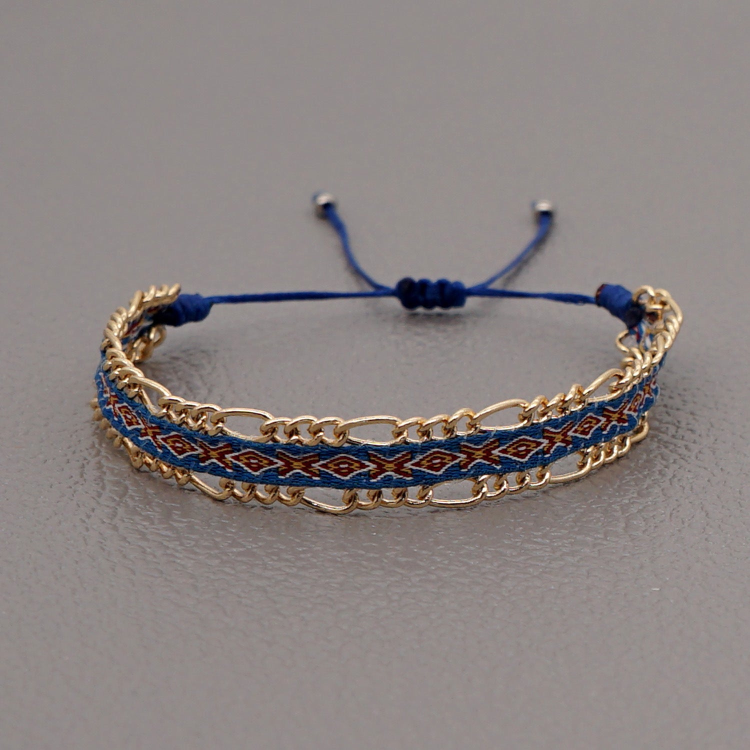 Blue Style Artisan Boho Beaded Bracelet - Handmade Woven Friendship Band with Gold-Plated Chain