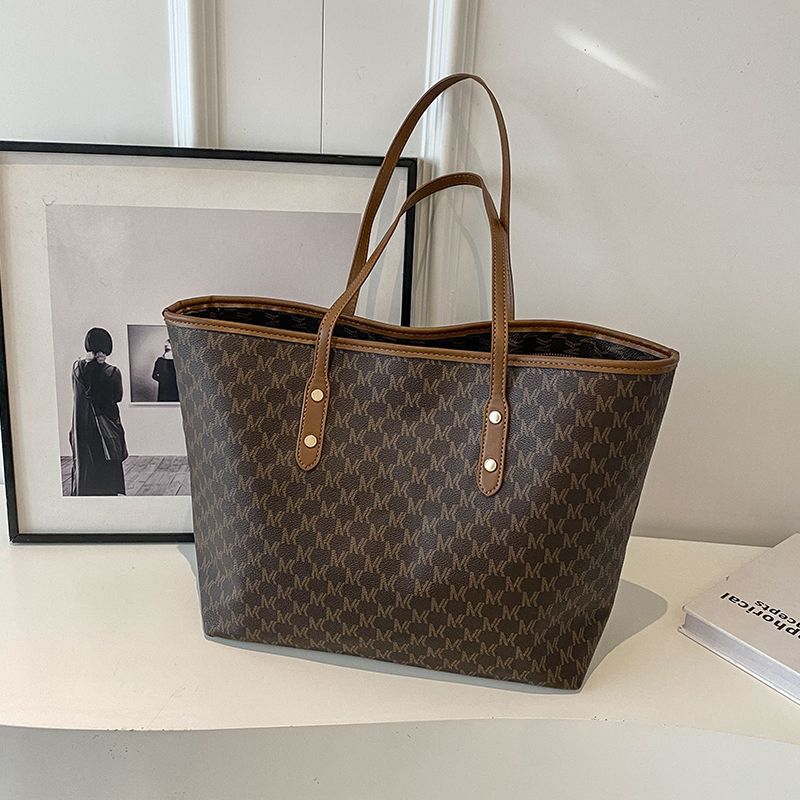 Coffee Chic Monogram Print Tote Bag - Large Capacity Shoulder Handbag for Work &amp; Commuting