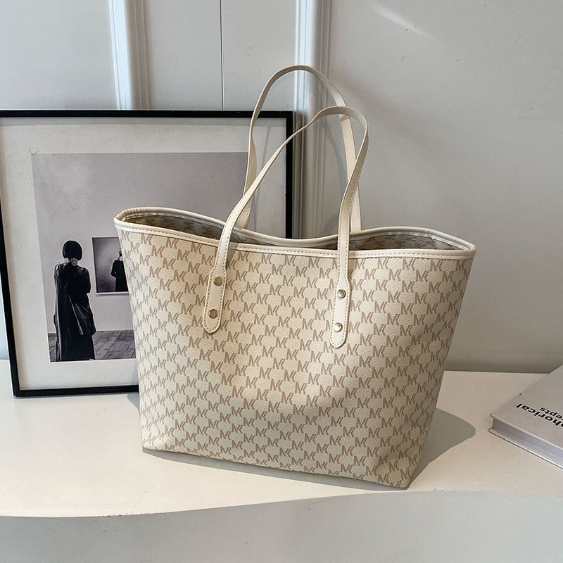 Beige Chic Monogram Print Tote Bag - Large Capacity Shoulder Handbag for Work &amp; Commuting