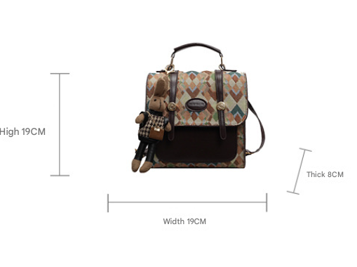 Khaki Vintage Geometric Print Convertible Mini Backpack - 3-Way Satchel with Cute Bunny Charm