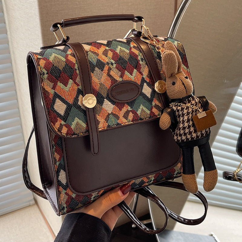 Green Vintage Geometric Print Convertible Mini Backpack - 3-Way Satchel with Cute Bunny Charm