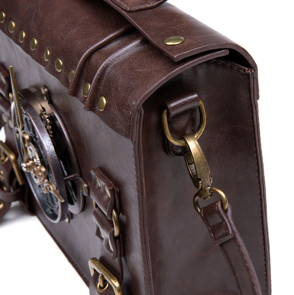 Retro Steampunk Satchel Bag with Decorative Clock & Gears - Gothic Crossbody Purse