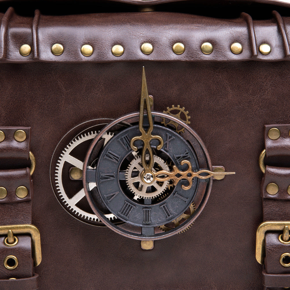 Retro Steampunk Satchel Bag with Decorative Clock & Gears - Gothic Crossbody Purse