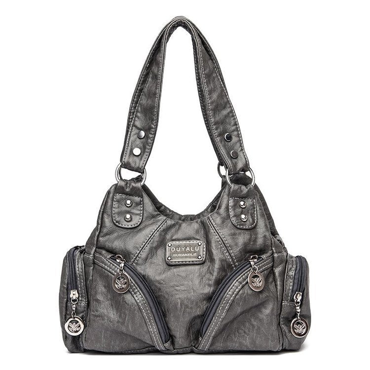 Grey Vintage Soft Leather Hobo Bag for Women - Multi-Pocket Shoulder Purse &amp; Crossbody Handbag