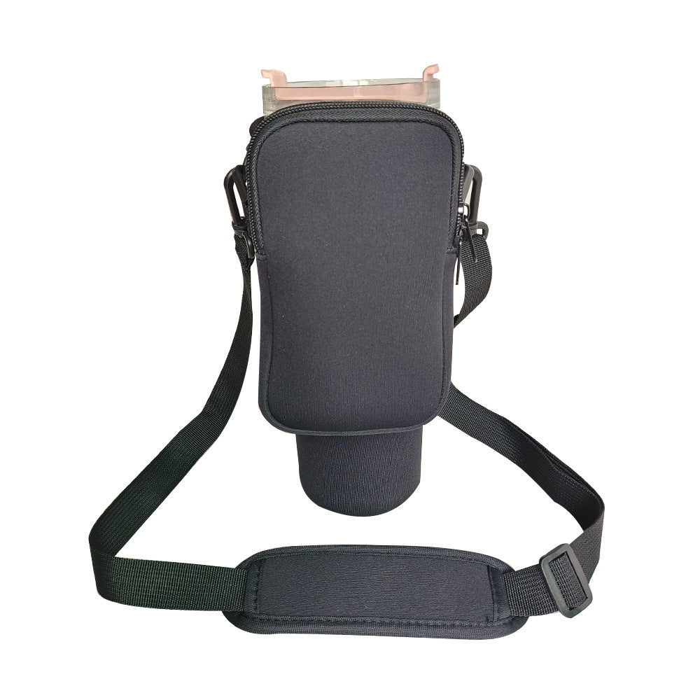 Black Crossbody Tumbler Carrier with Detachable Wallet Pouch and Adjustable Strap