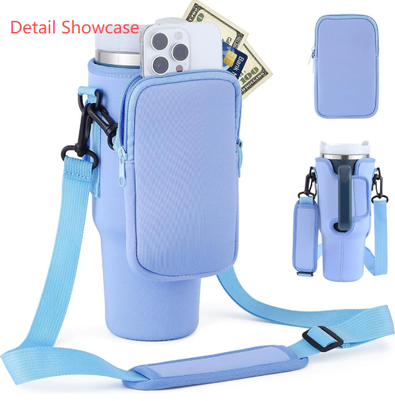 Light-pink Crossbody Tumbler Carrier with Detachable Wallet Pouch and Adjustable Strap