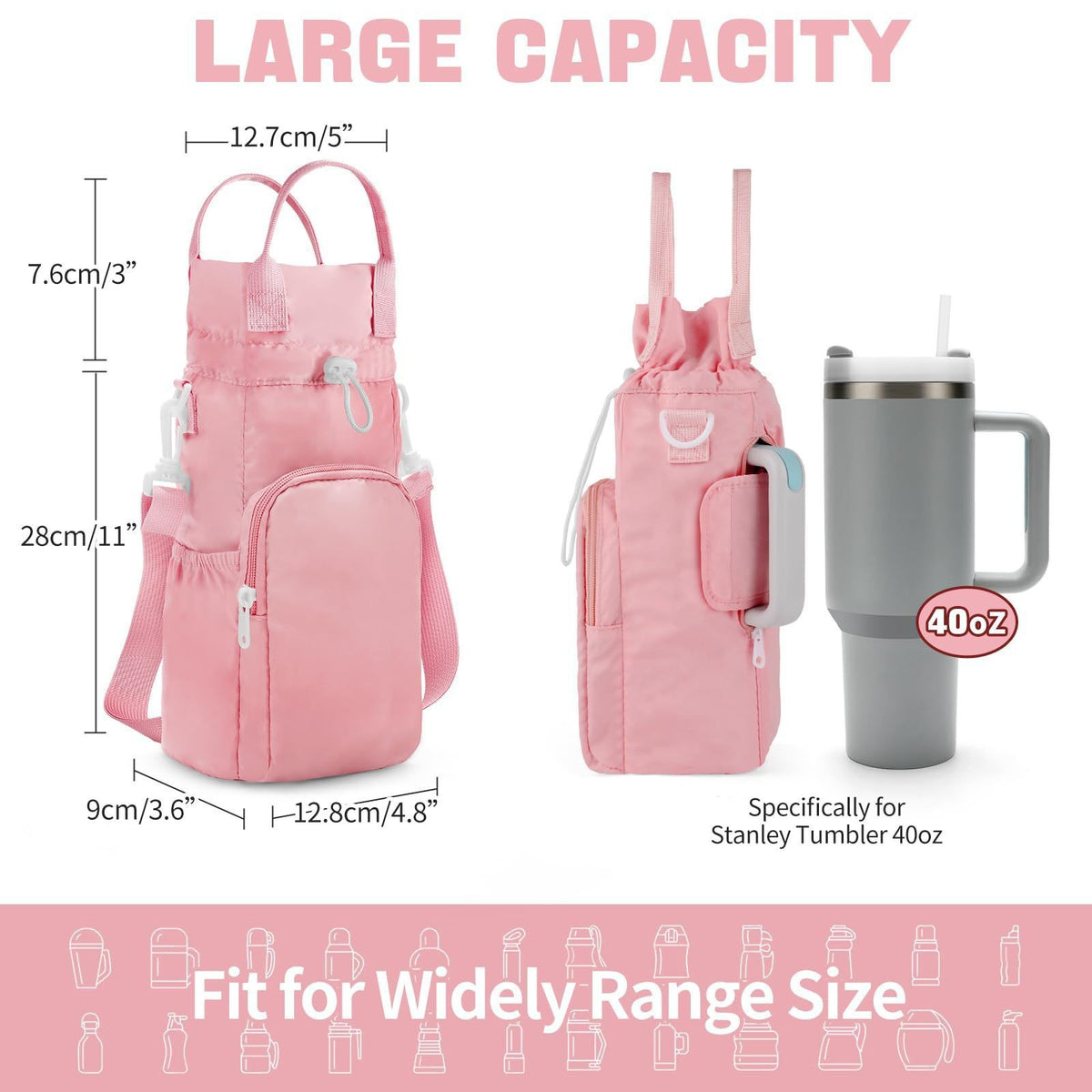 Purple Protective Crossbody Water Bottle Holder with Pockets, Fits 40oz Stanley Tumbler