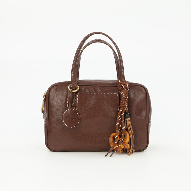 Small Size Coffee Brown Vintage Genuine Split Leather Bowling Bag for Women - Retro Top Handle Satchel & Crossbody Purse