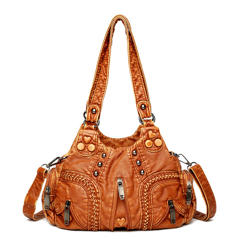 Yellow Women's Vintage Studded Hobo Bag - Soft Washed Leather Multi-Pocket Shoulder &amp; Crossbody Purse