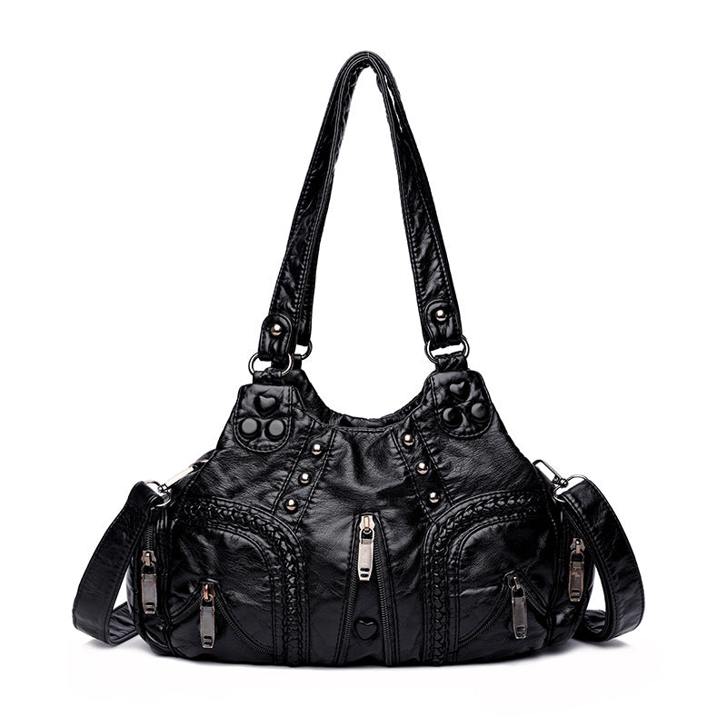 Black Women's Vintage Studded Hobo Bag - Soft Washed Leather Multi-Pocket Shoulder &amp; Crossbody Purse