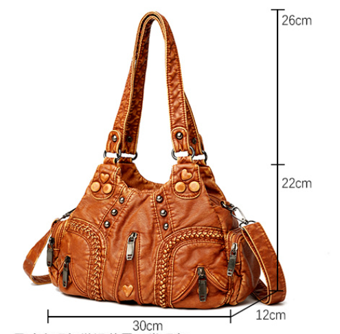 Black Women's Vintage Studded Hobo Bag - Soft Washed Leather Multi-Pocket Shoulder & Crossbody Purse