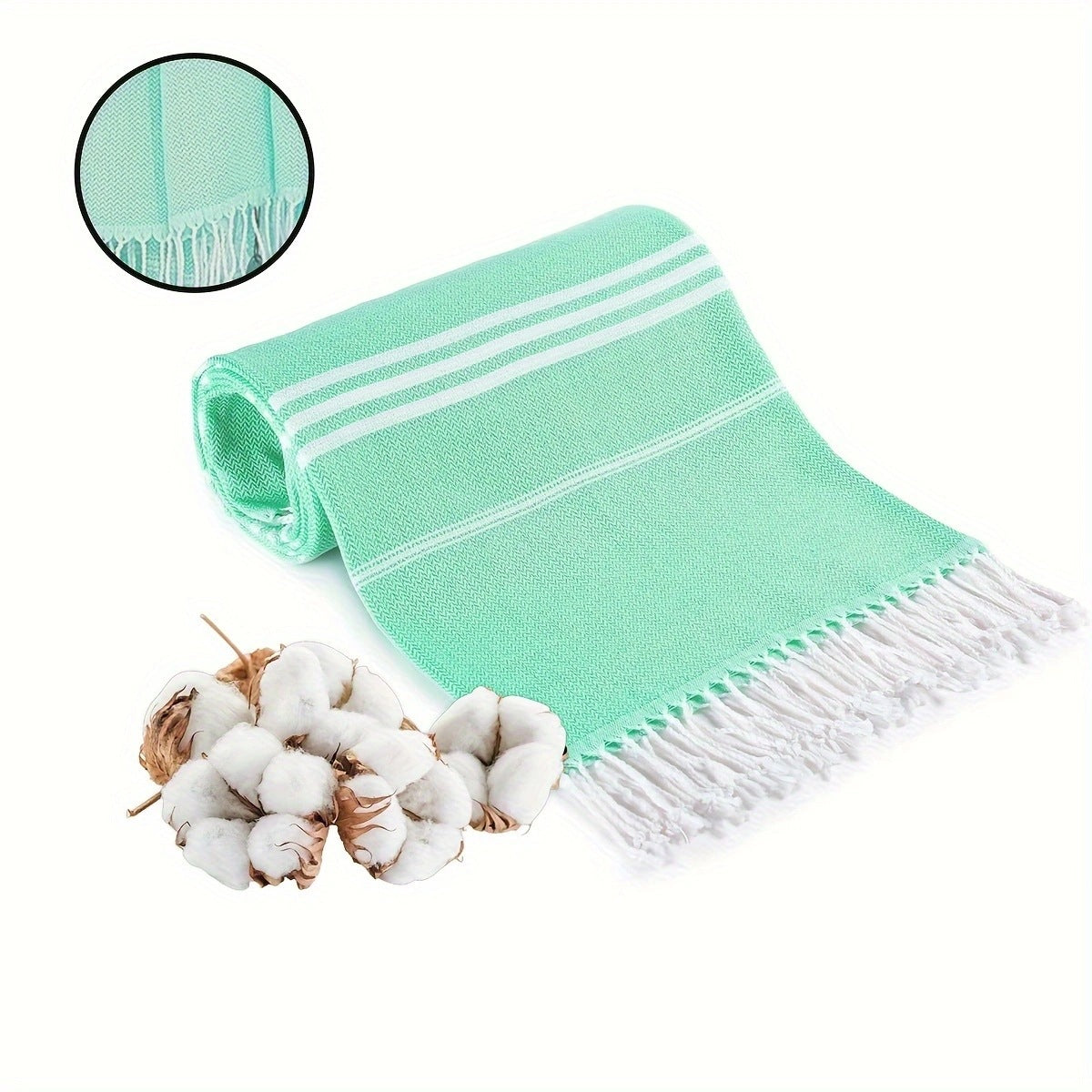Green Chic Striped 100% Cotton Beach Towel with Tassels - Extra Large &amp; Absorbent (180x90cm)