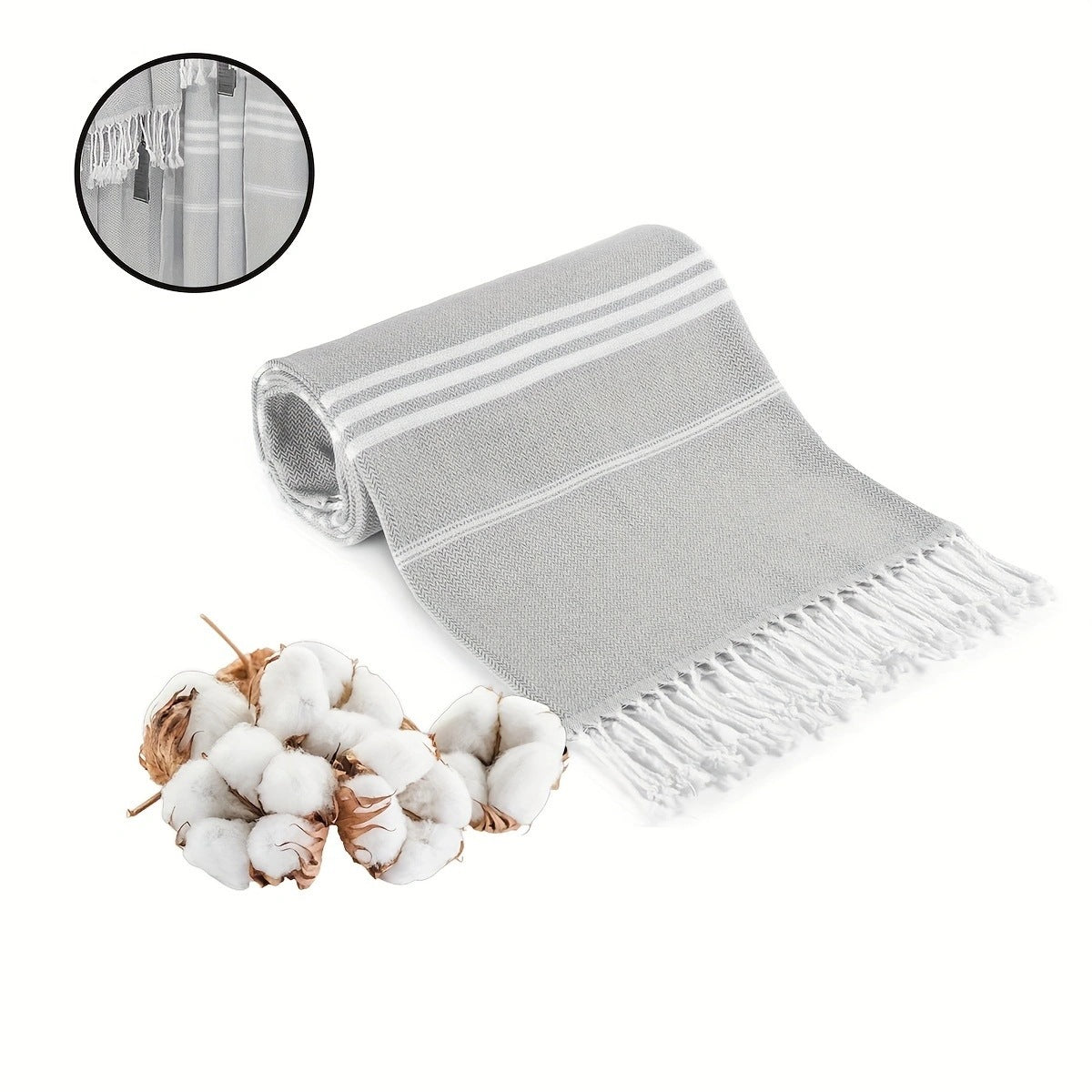 Grey Chic Striped 100% Cotton Beach Towel with Tassels - Extra Large &amp; Absorbent (180x90cm)