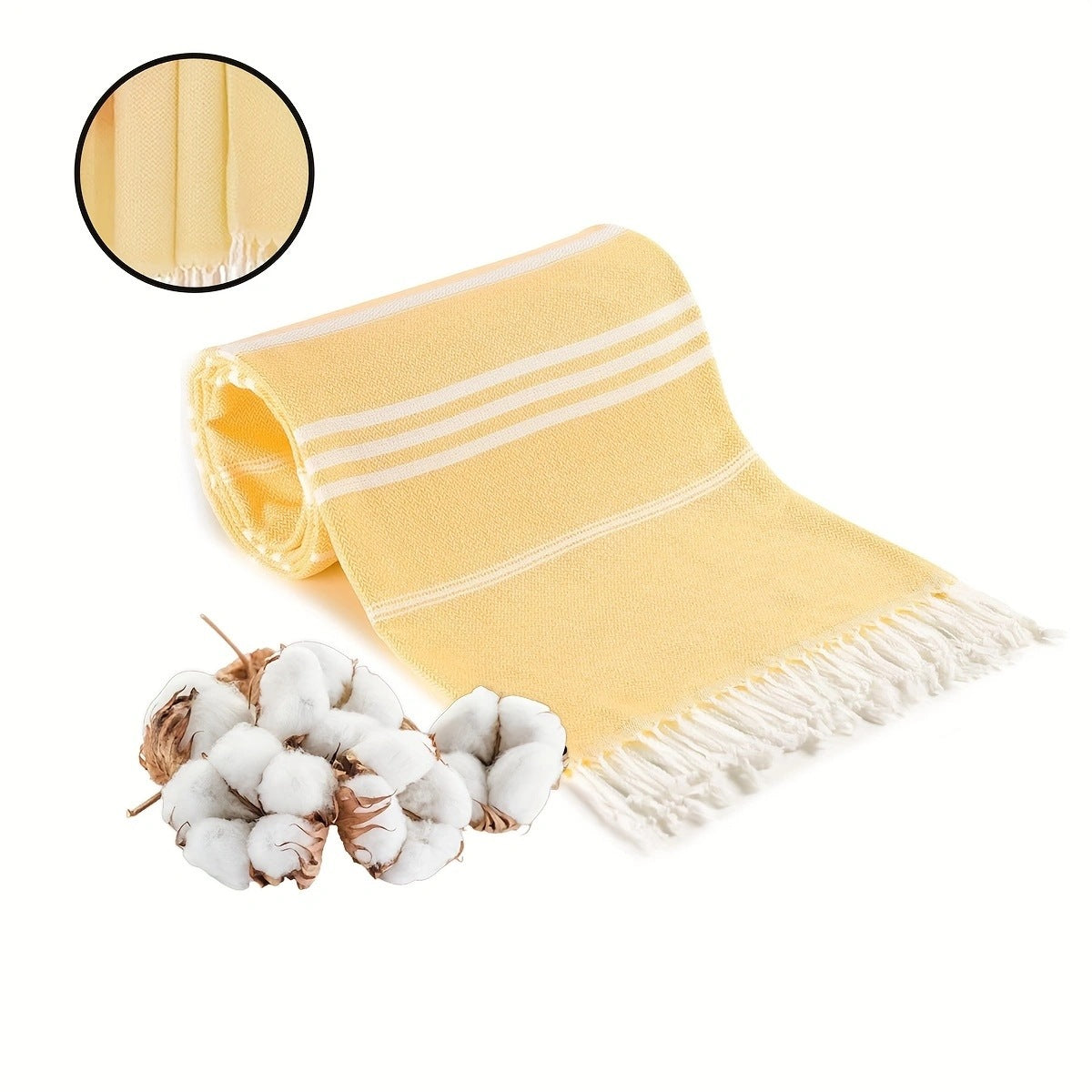 Yellow Chic Striped 100% Cotton Beach Towel with Tassels - Extra Large &amp; Absorbent (180x90cm)