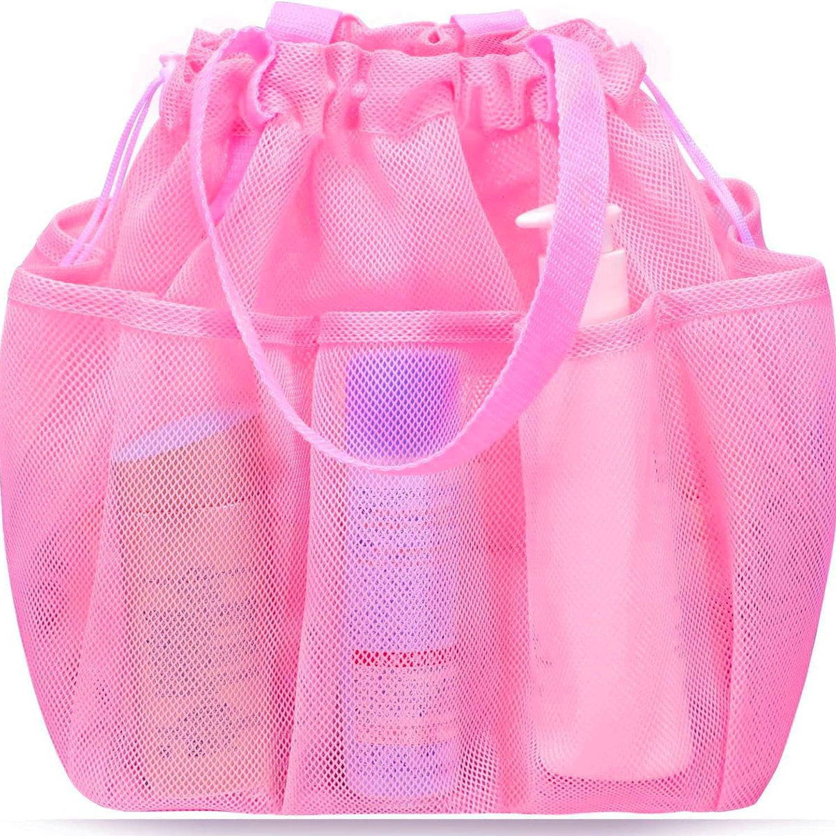 Pink Large Multi-Pocket Mesh Beach Tote Bag - Quick-Dry Travel &amp; Gym Organizer with Drawstring Closure