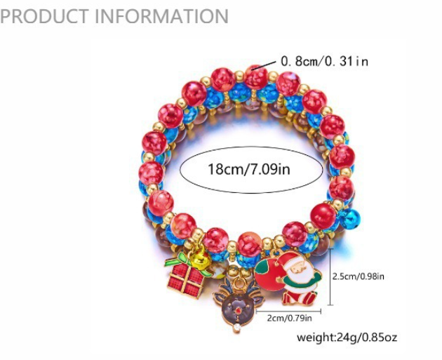 (12-Pack) Festive Christmas Beaded Charm Bracelet Set- Santa, Snowman & Reindeer Jewelry