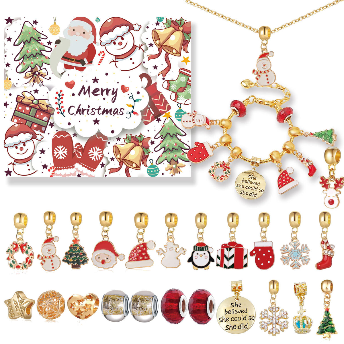 Gold Christmas Advent Calendar DIY Jewelry Kit - 24 Surprises with Gold-Tone Charm Bracelet &amp; Necklace