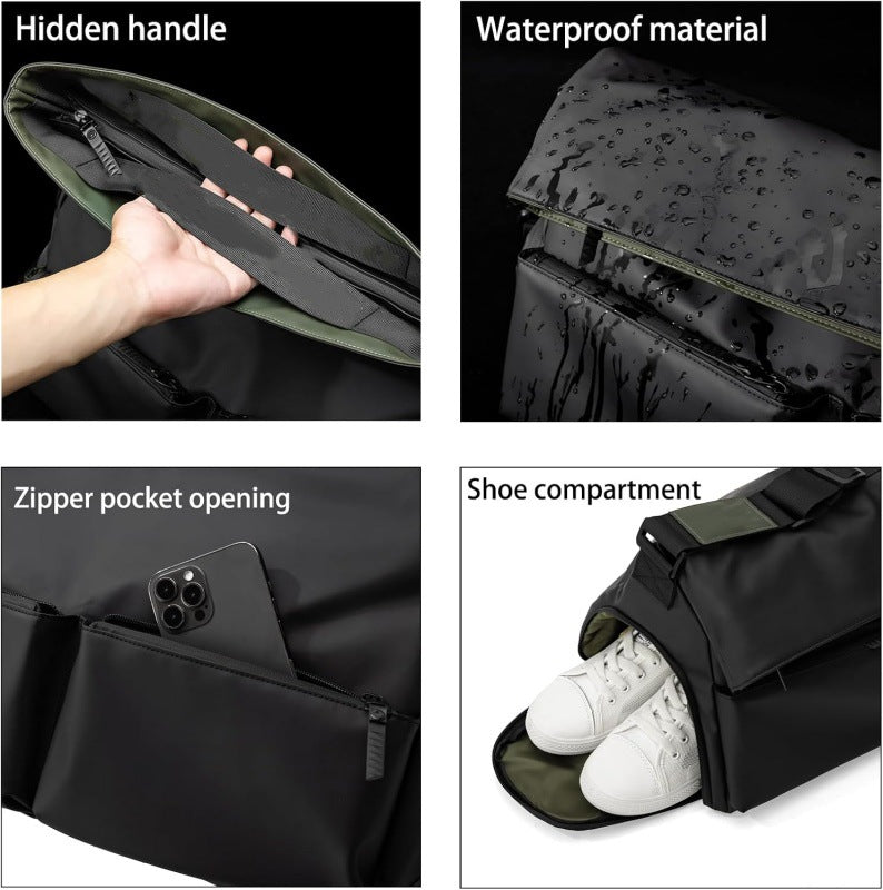 Black Large Capacity Waterproof Tote Bag - Convertible Crossbody Messenger for Gym, Travel & Work