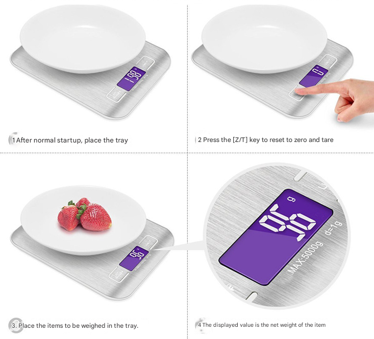 Silver Ultra-Slim Rechargeable Digital Kitchen Scale - Stainless Steel Food & Baking Scale with LCD Display (5kg/1g)